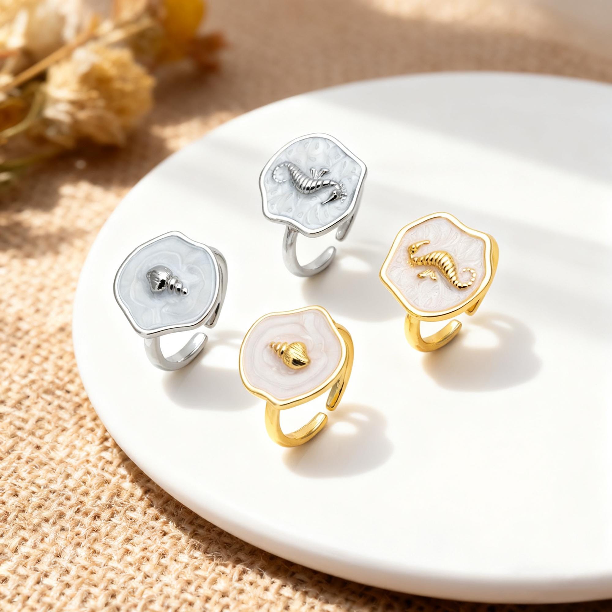 4pcs Gold/ Silver Tone Enamel Ocean Ring, Dainty Rings, Adjustable Ring, Open Band Statement Ring (#GB-4688)